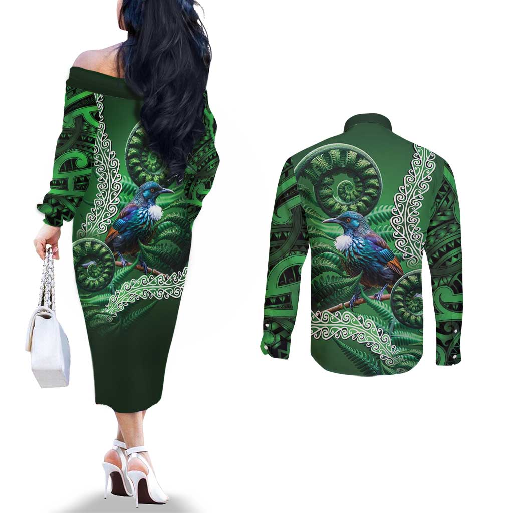 Tui Bird Koru Silver Fern Aotearoa Couples Matching Off The Shoulder Long Sleeve Dress and Long Sleeve Button Shirt