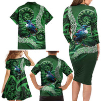 Tui Bird Koru Silver Fern Aotearoa Family Matching Long Sleeve Bodycon Dress and Hawaiian Shirt LT9 - Polynesian Pride