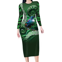 Tui Bird Koru Silver Fern Aotearoa Family Matching Long Sleeve Bodycon Dress and Hawaiian Shirt LT9 Mom's Dress Green - Polynesian Pride