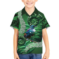 Tui Bird Koru Silver Fern Aotearoa Family Matching Long Sleeve Bodycon Dress and Hawaiian Shirt LT9 Son's Shirt Green - Polynesian Pride