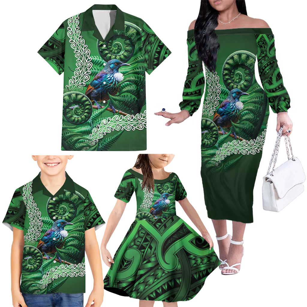 Tui Bird Koru Silver Fern Aotearoa Family Matching Off The Shoulder Long Sleeve Dress and Hawaiian Shirt LT9 - Polynesian Pride