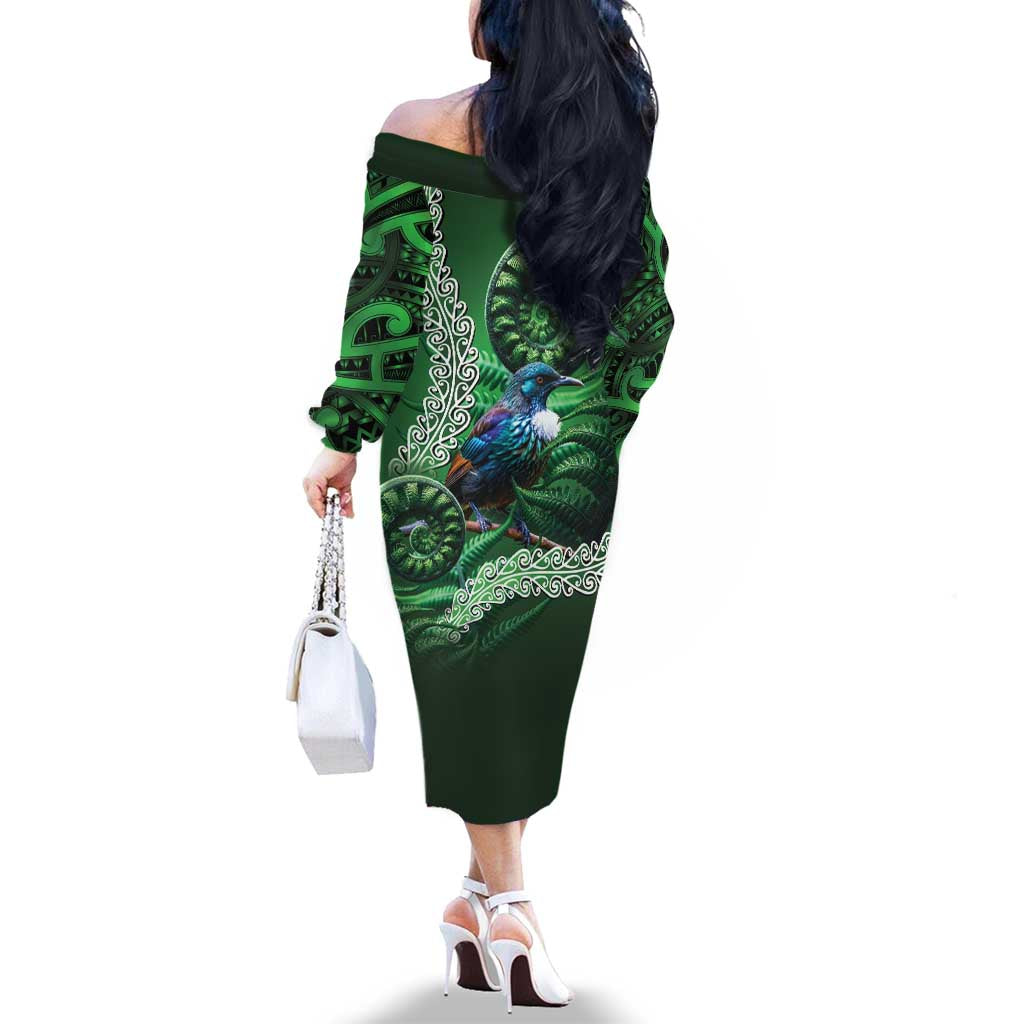 Tui Bird Koru Silver Fern Aotearoa Family Matching Off The Shoulder Long Sleeve Dress and Hawaiian Shirt LT9 - Polynesian Pride