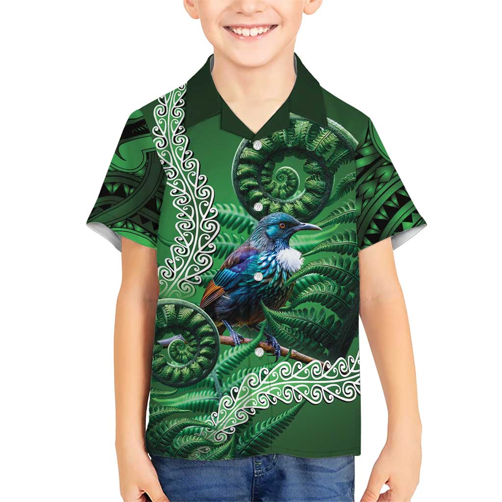 Tui Bird Koru Silver Fern Aotearoa Family Matching Off Shoulder Maxi Dress and Hawaiian Shirt LT9 Son's Shirt Green - Polynesian Pride