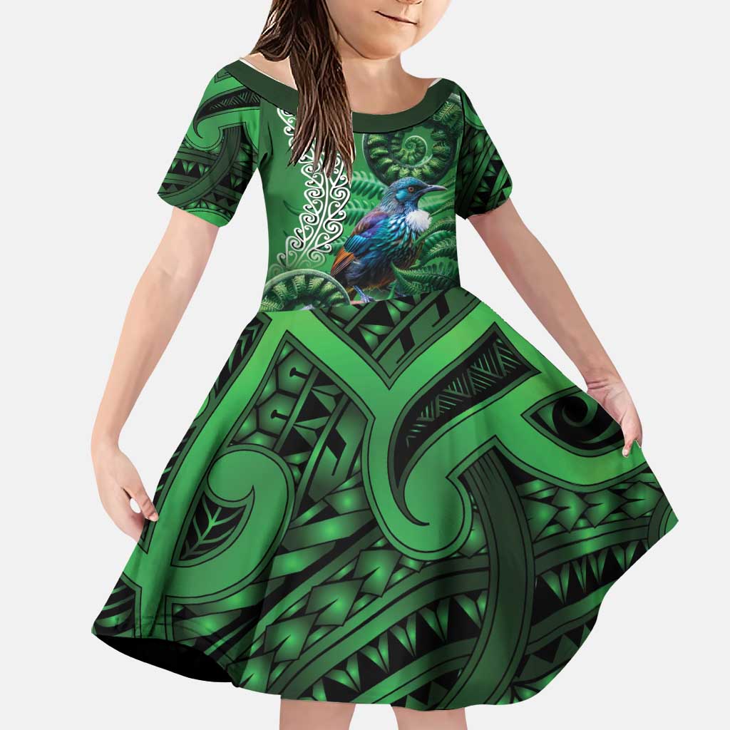 Tui Bird Koru Silver Fern Aotearoa Family Matching Off Shoulder Short Dress and Hawaiian Shirt LT9 Daughter's Dress Green - Polynesian Pride