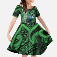 Tui Bird Koru Silver Fern Aotearoa Family Matching Off Shoulder Short Dress and Hawaiian Shirt LT9 Daughter's Dress Green - Polynesian Pride