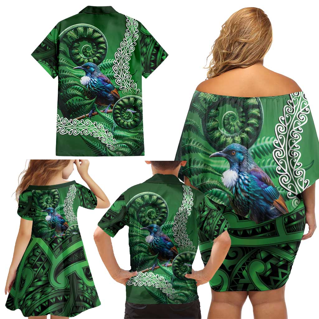 Tui Bird Koru Silver Fern Aotearoa Family Matching Off Shoulder Short Dress and Hawaiian Shirt LT9 - Polynesian Pride