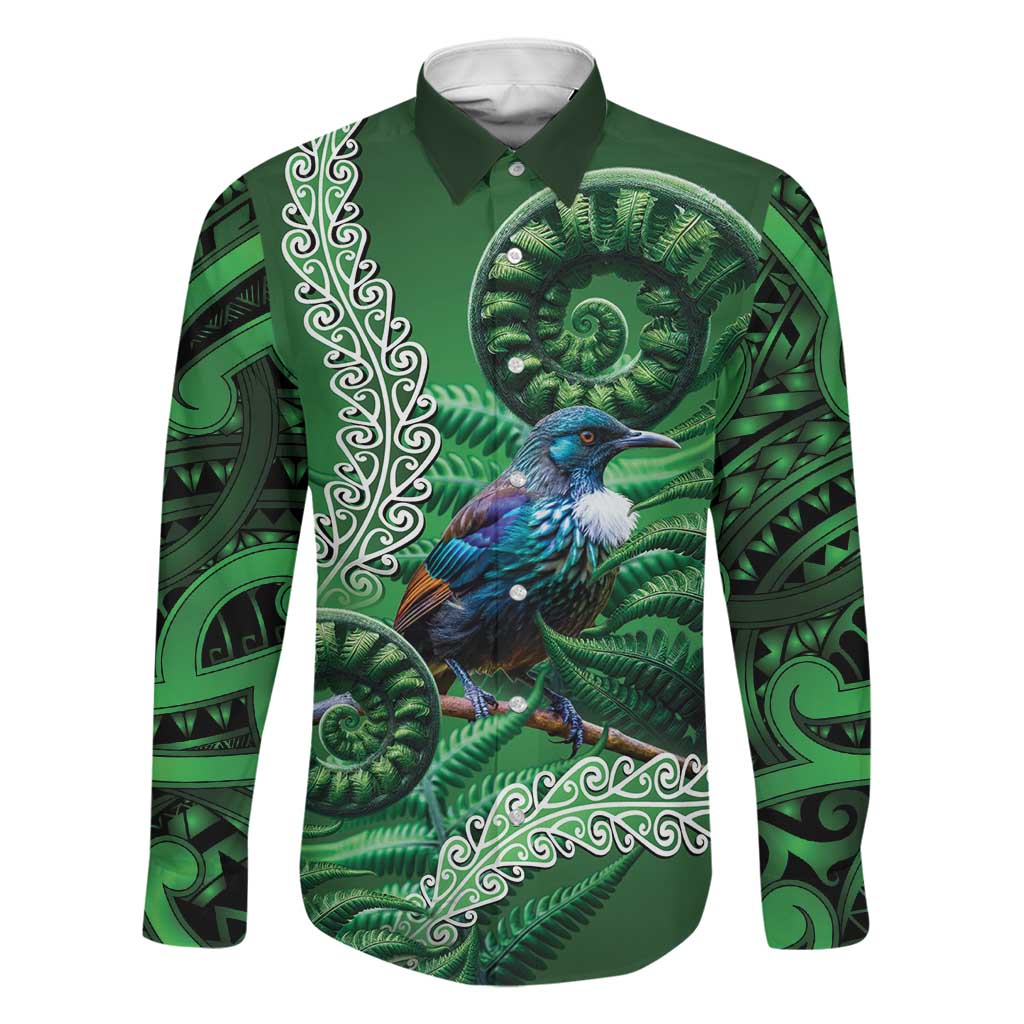 Tui Bird Koru Silver Fern Aotearoa Family Matching Off Shoulder Short Dress and Hawaiian Shirt LT9 Dad's Shirt - Long Sleeve Green - Polynesian Pride