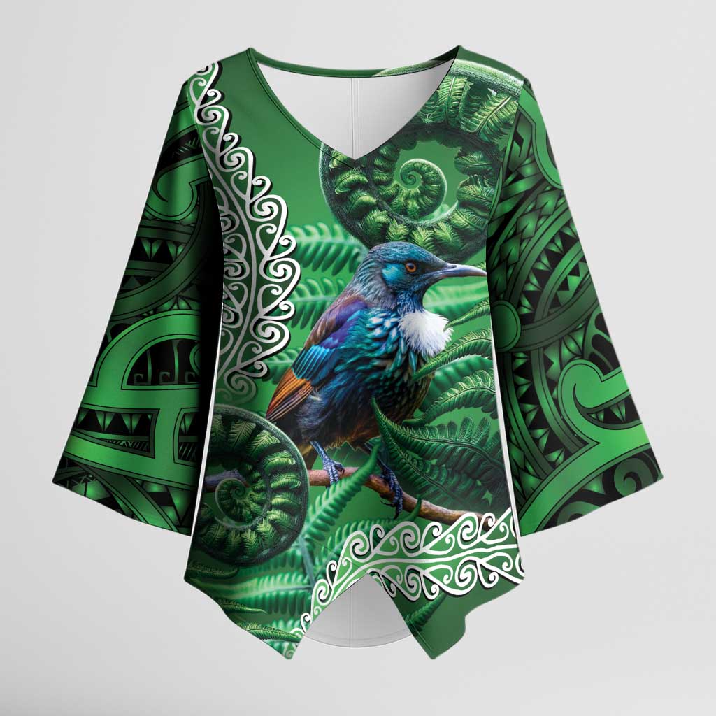 Tui Bird Koru Silver Fern Aotearoa Kimono Sleeve Blouse