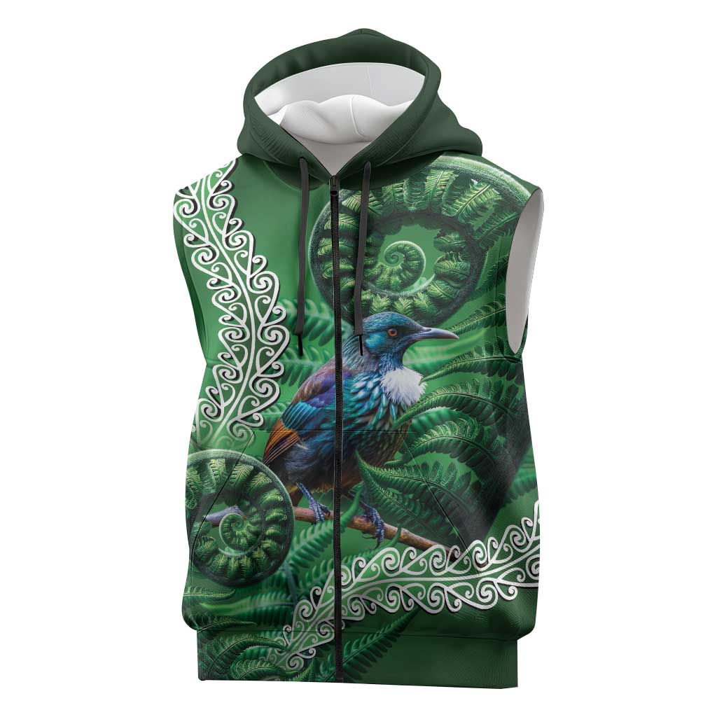 Tui Bird Koru Silver Fern Aotearoa Sleeveless Zip Hoodie