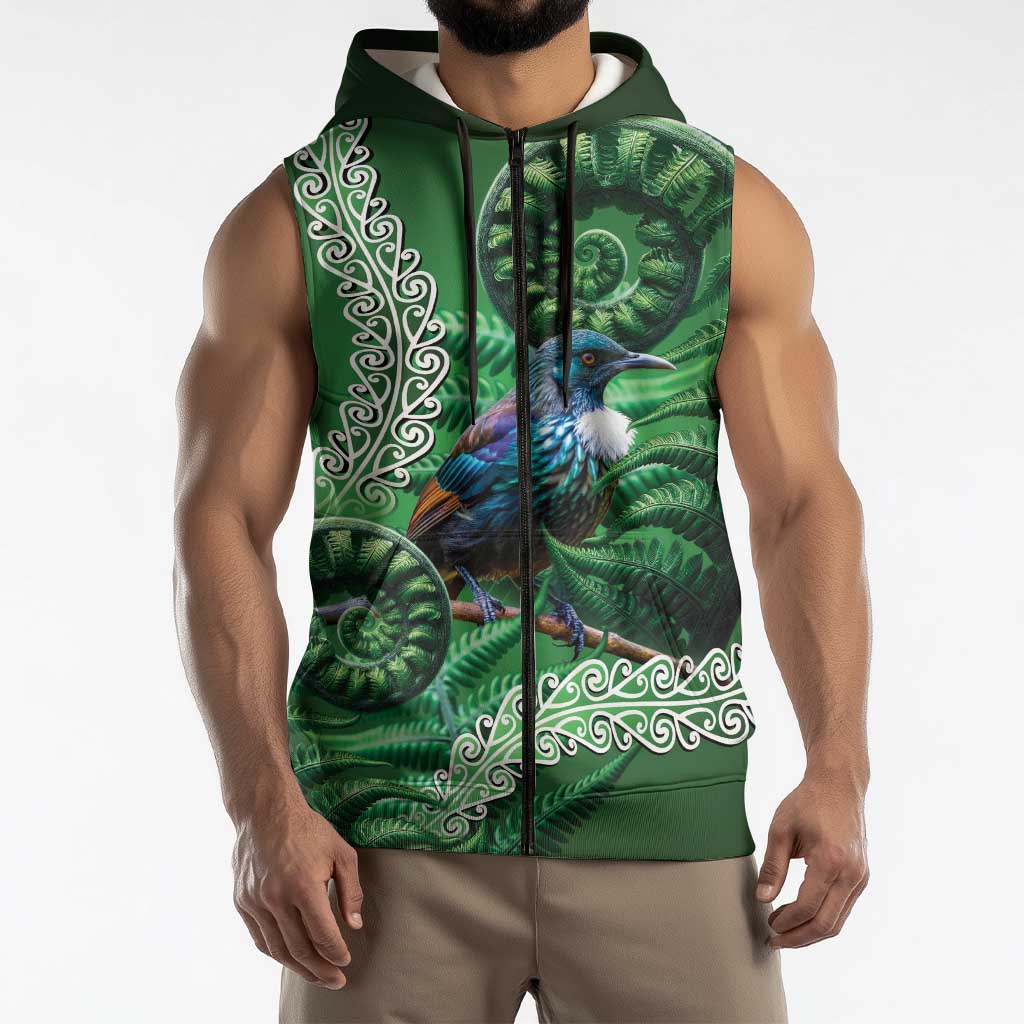 Tui Bird Koru Silver Fern Aotearoa Sleeveless Zip Hoodie