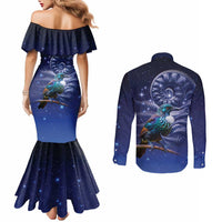 Tui Bird Matariki Galaxy Couples Matching Mermaid Dress and Long Sleeve Button Shirt Koru Silver Fern Aotearoa