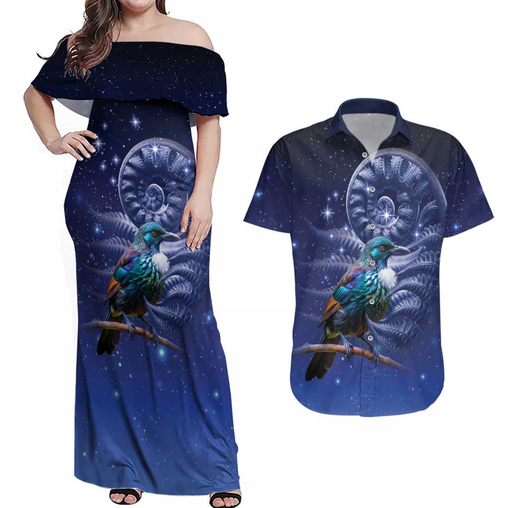Tui Bird Matariki Galaxy Couples Matching Off Shoulder Maxi Dress and Hawaiian Shirt Koru Silver Fern Aotearoa