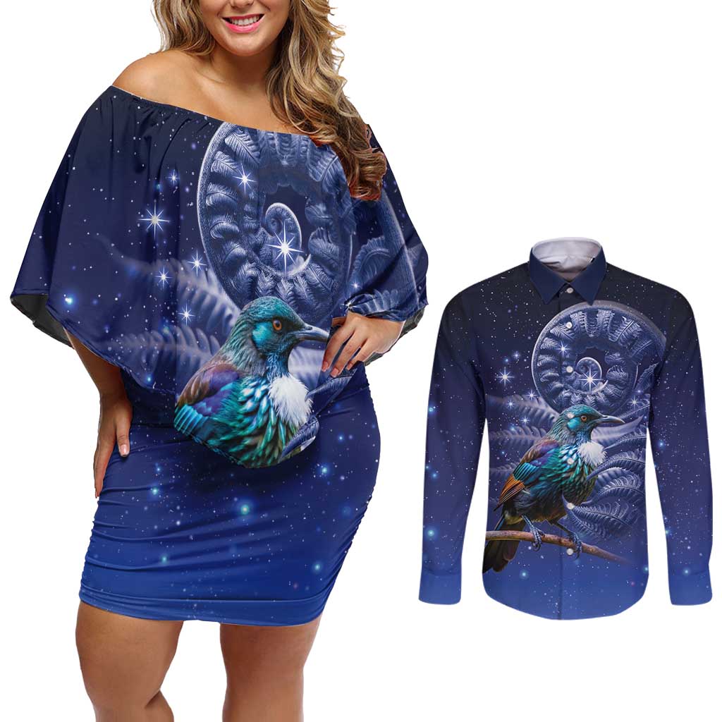 Tui Bird Matariki Galaxy Couples Matching Off Shoulder Short Dress and Long Sleeve Button Shirt Koru Silver Fern Aotearoa