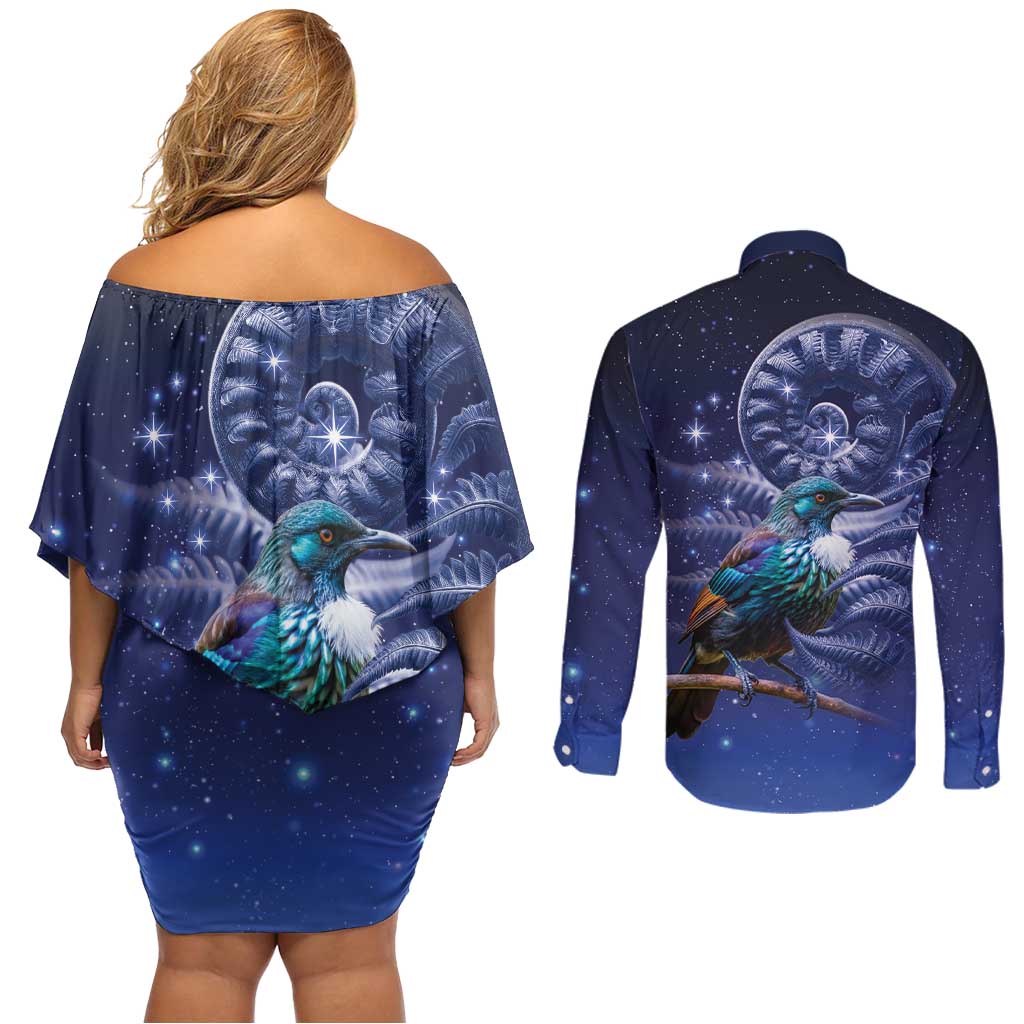 Tui Bird Matariki Galaxy Couples Matching Off Shoulder Short Dress and Long Sleeve Button Shirt Koru Silver Fern Aotearoa