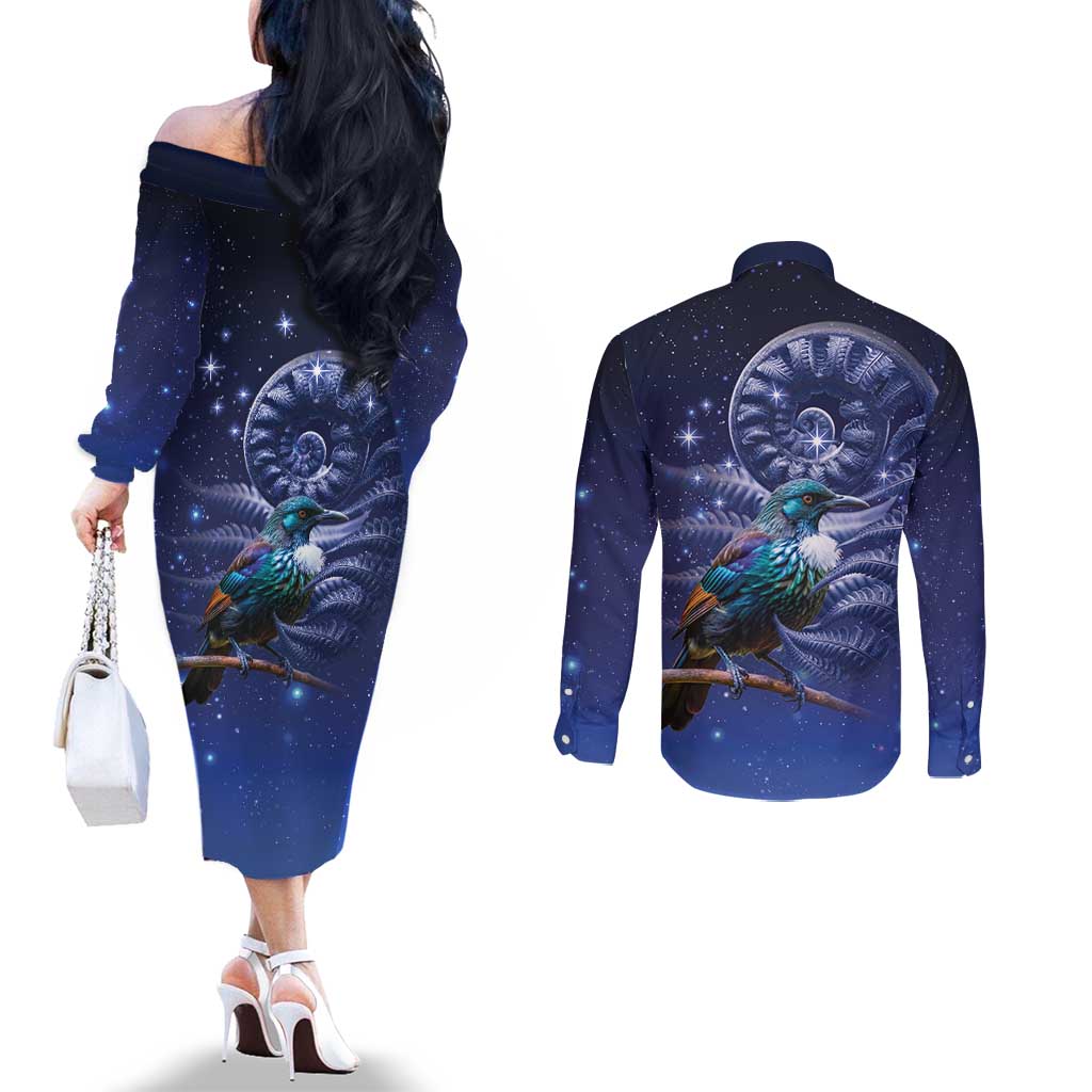 Tui Bird Matariki Galaxy Couples Matching Off The Shoulder Long Sleeve Dress and Long Sleeve Button Shirt Koru Silver Fern Aotearoa