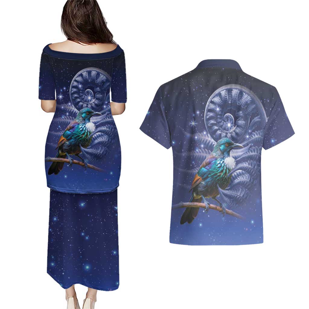 Tui Bird Matariki Galaxy Couples Matching Puletasi and Hawaiian Shirt Koru Silver Fern Aotearoa