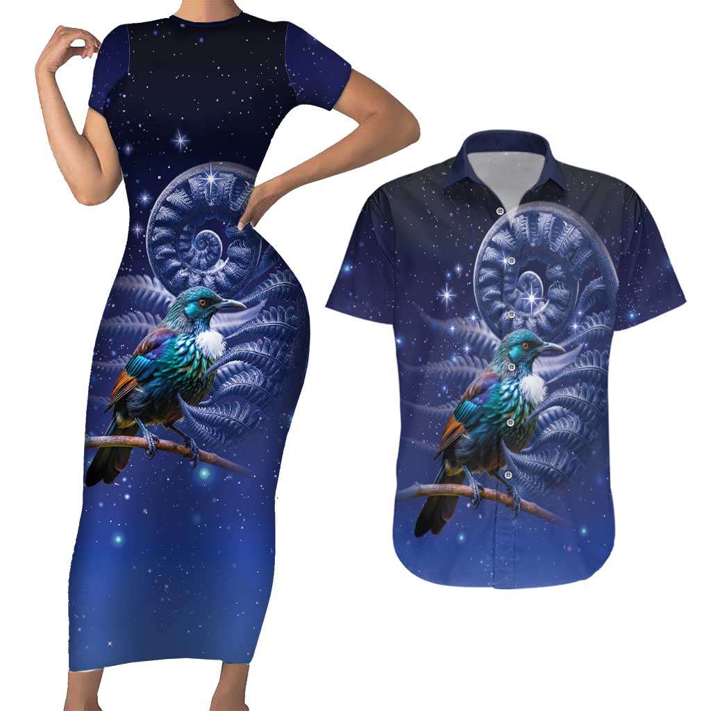 Tui Bird Matariki Galaxy Couples Matching Short Sleeve Bodycon Dress and Hawaiian Shirt Koru Silver Fern Aotearoa