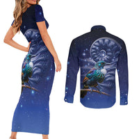 Tui Bird Matariki Galaxy Couples Matching Short Sleeve Bodycon Dress and Long Sleeve Button Shirt Koru Silver Fern Aotearoa