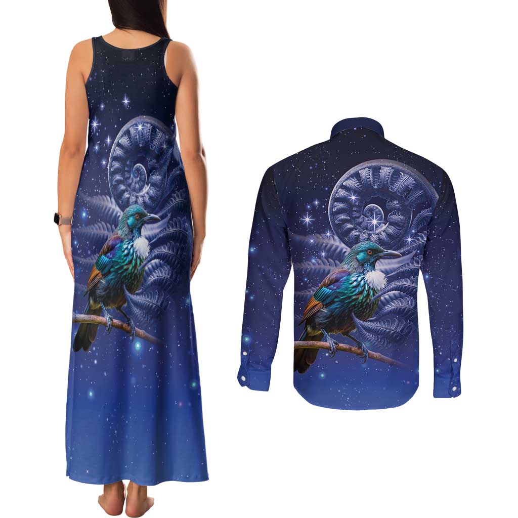Tui Bird Matariki Galaxy Couples Matching Tank Maxi Dress and Long Sleeve Button Shirt Koru Silver Fern Aotearoa