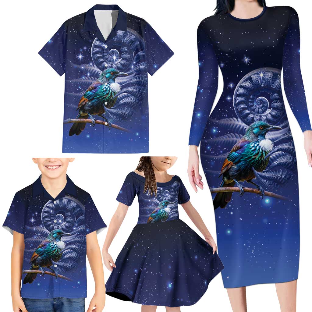 Tui Bird Matariki Galaxy Family Matching Long Sleeve Bodycon Dress and Hawaiian Shirt Koru Silver Fern Aotearoa LT9 - Polynesian Pride