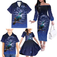 Tui Bird Matariki Galaxy Family Matching Off The Shoulder Long Sleeve Dress and Hawaiian Shirt Koru Silver Fern Aotearoa LT9 - Polynesian Pride