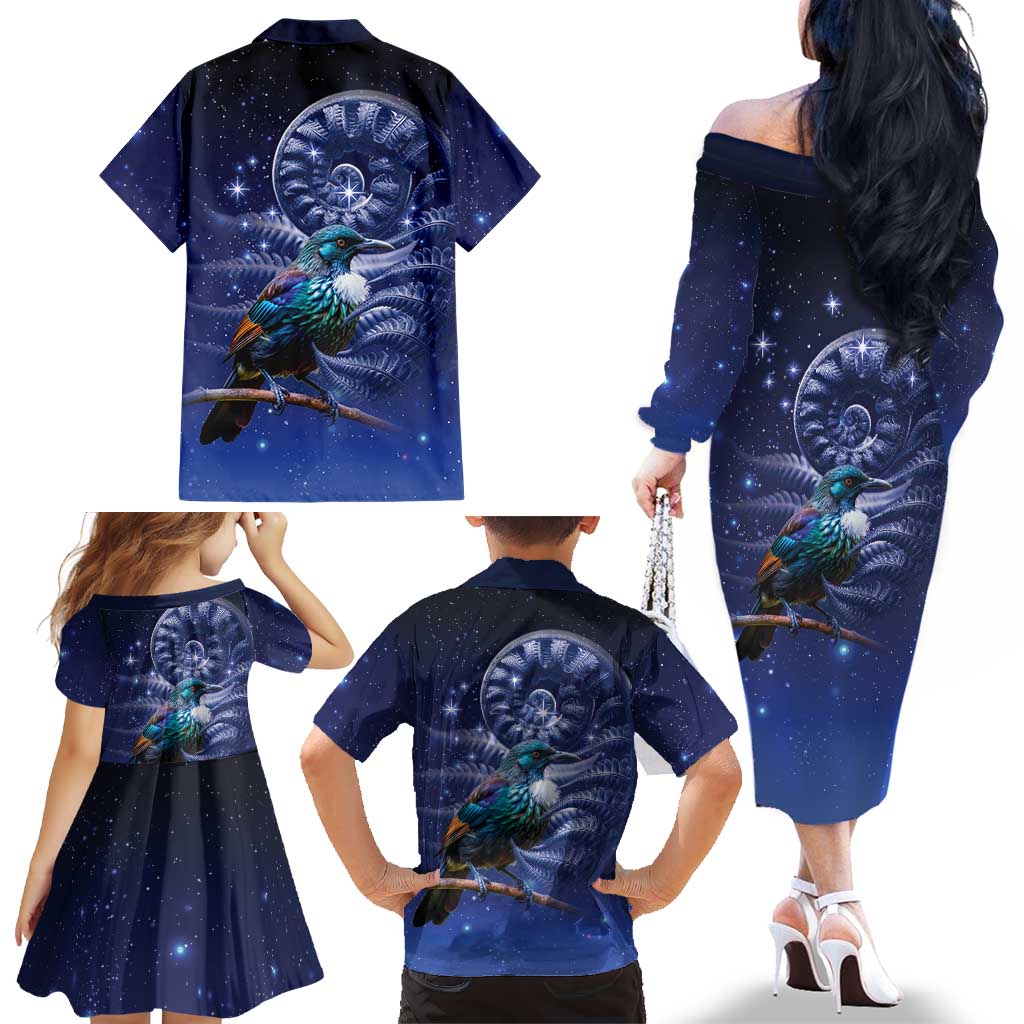 Tui Bird Matariki Galaxy Family Matching Off The Shoulder Long Sleeve Dress and Hawaiian Shirt Koru Silver Fern Aotearoa LT9 - Polynesian Pride