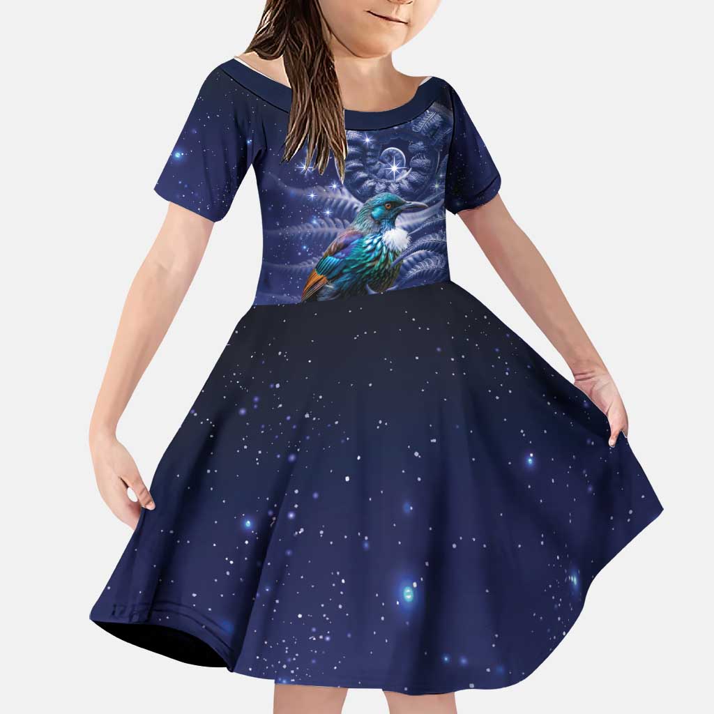 Tui Bird Matariki Galaxy Family Matching Off Shoulder Maxi Dress and Hawaiian Shirt Koru Silver Fern Aotearoa LT9 Daughter's Dress Galaxy - Polynesian Pride