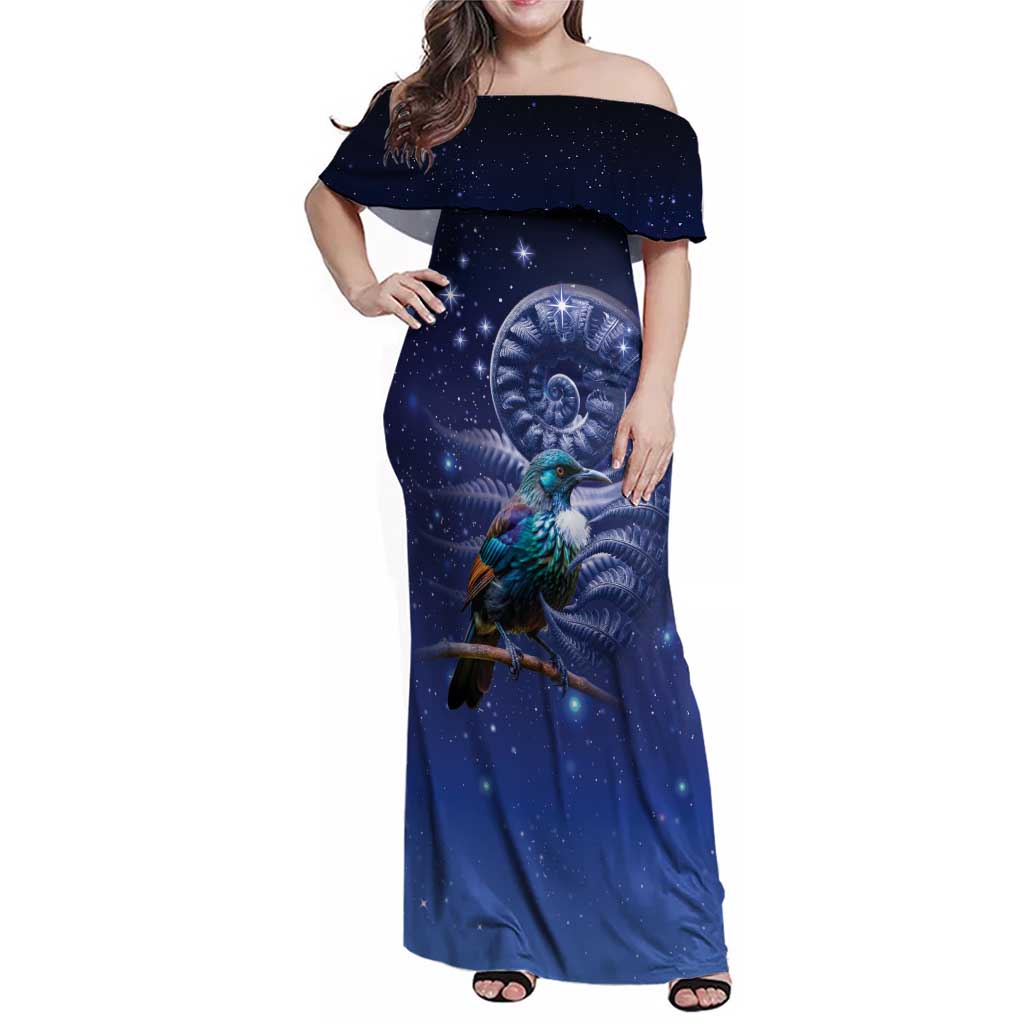 Tui Bird Matariki Galaxy Family Matching Off Shoulder Maxi Dress and Hawaiian Shirt Koru Silver Fern Aotearoa LT9 Mom's Dress Galaxy - Polynesian Pride