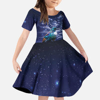 Tui Bird Matariki Galaxy Family Matching Off Shoulder Short Dress and Hawaiian Shirt Koru Silver Fern Aotearoa LT9 Daughter's Dress Galaxy - Polynesian Pride