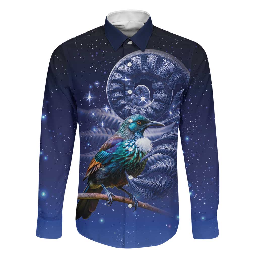 Tui Bird Matariki Galaxy Family Matching Off Shoulder Short Dress and Hawaiian Shirt Koru Silver Fern Aotearoa LT9 Dad's Shirt - Long Sleeve Galaxy - Polynesian Pride