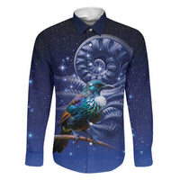 Tui Bird Matariki Galaxy Family Matching Off Shoulder Short Dress and Hawaiian Shirt Koru Silver Fern Aotearoa LT9 Dad's Shirt - Long Sleeve Galaxy - Polynesian Pride