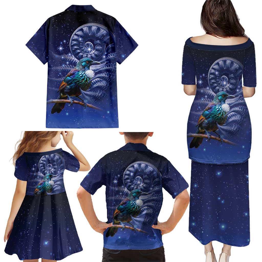 Tui Bird Matariki Galaxy Family Matching Puletasi and Hawaiian Shirt Koru Silver Fern Aotearoa