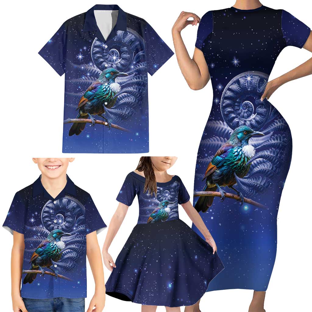 Tui Bird Matariki Galaxy Family Matching Short Sleeve Bodycon Dress and Hawaiian Shirt Koru Silver Fern Aotearoa LT9 - Polynesian Pride