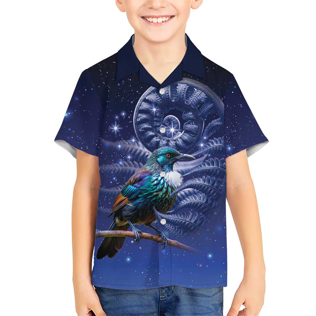 Tui Bird Matariki Galaxy Kid Hawaiian Shirt Koru Silver Fern Aotearoa