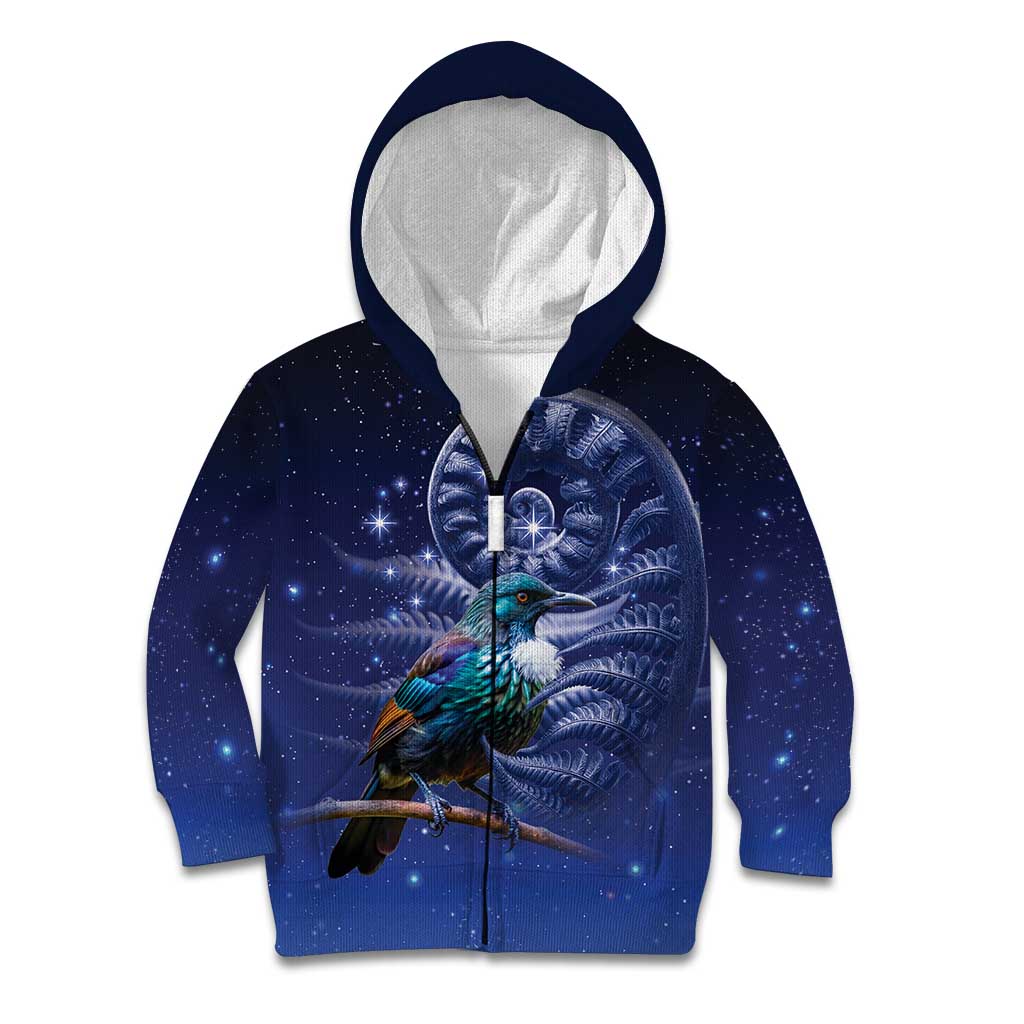 Tui Bird Matariki Galaxy Kid Hoodie Koru Silver Fern Aotearoa