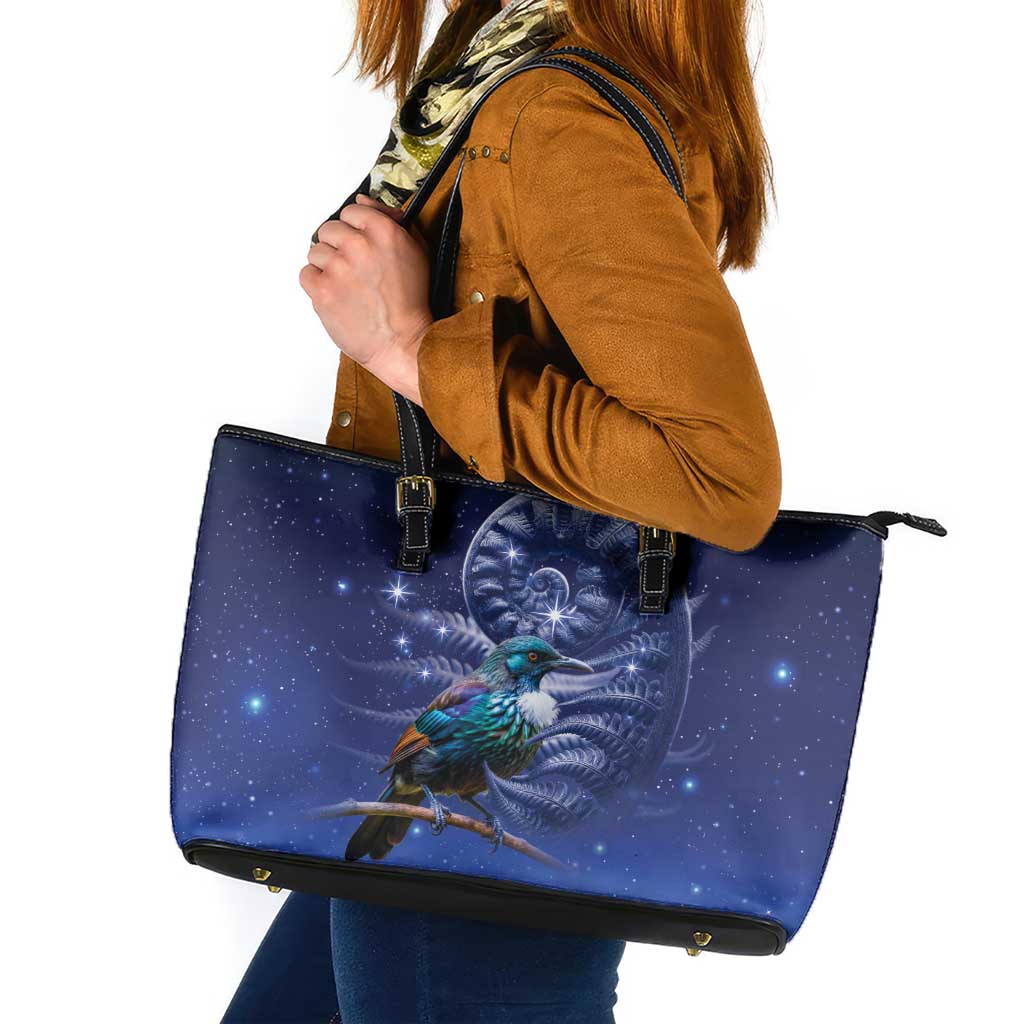 Tui Bird Matariki Galaxy Leather Tote Bag Koru Silver Fern Aotearoa