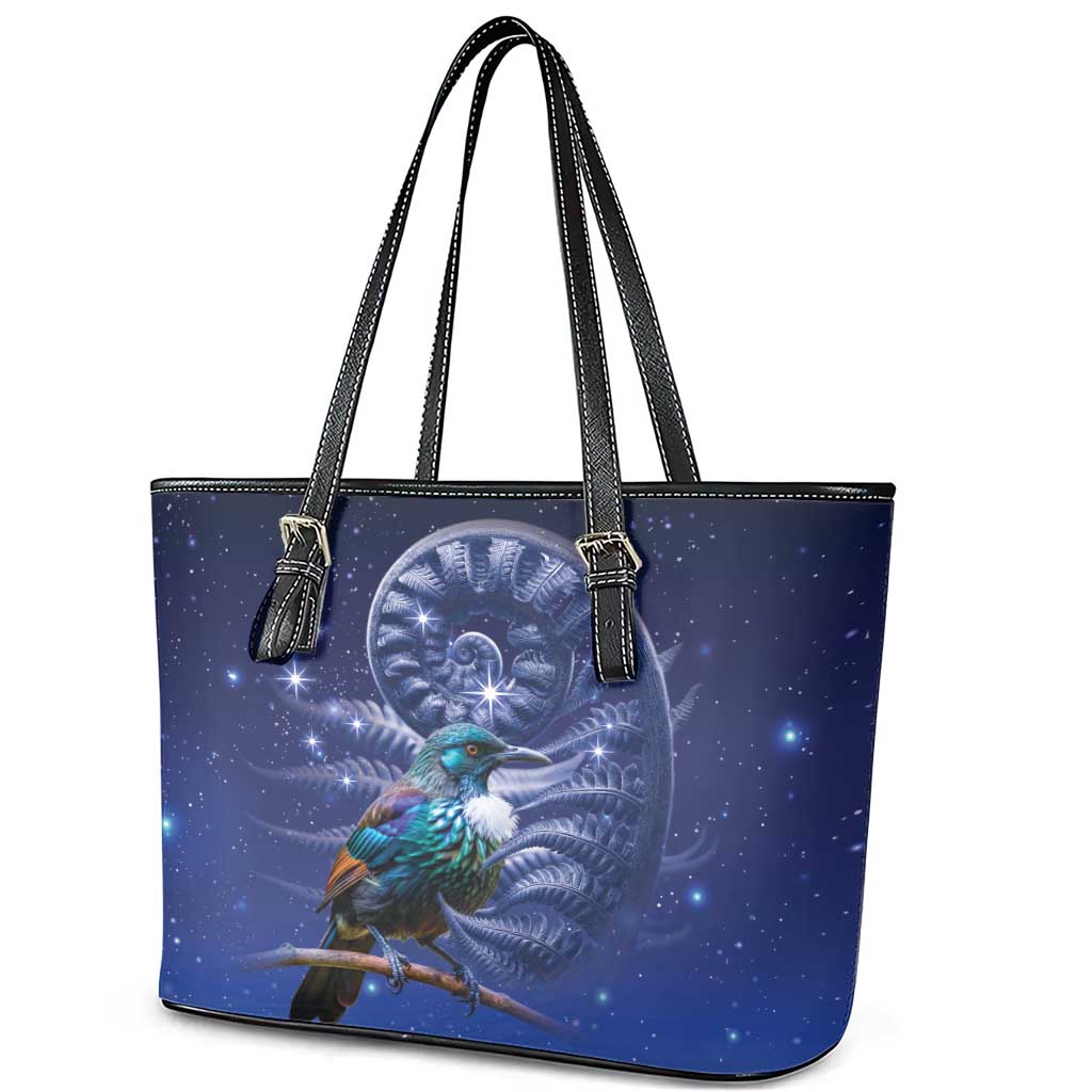 Tui Bird Matariki Galaxy Leather Tote Bag Koru Silver Fern Aotearoa