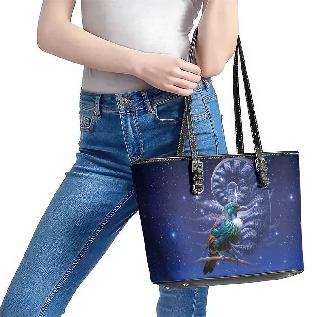 Tui Bird Matariki Galaxy Leather Tote Bag Koru Silver Fern Aotearoa