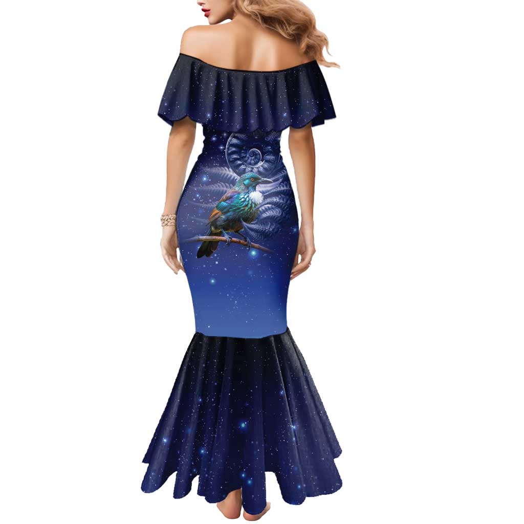 Tui Bird Matariki Galaxy Mermaid Dress Koru Silver Fern Aotearoa LT9 - Polynesian Pride