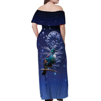 Tui Bird Matariki Galaxy Off Shoulder Maxi Dress Koru Silver Fern Aotearoa