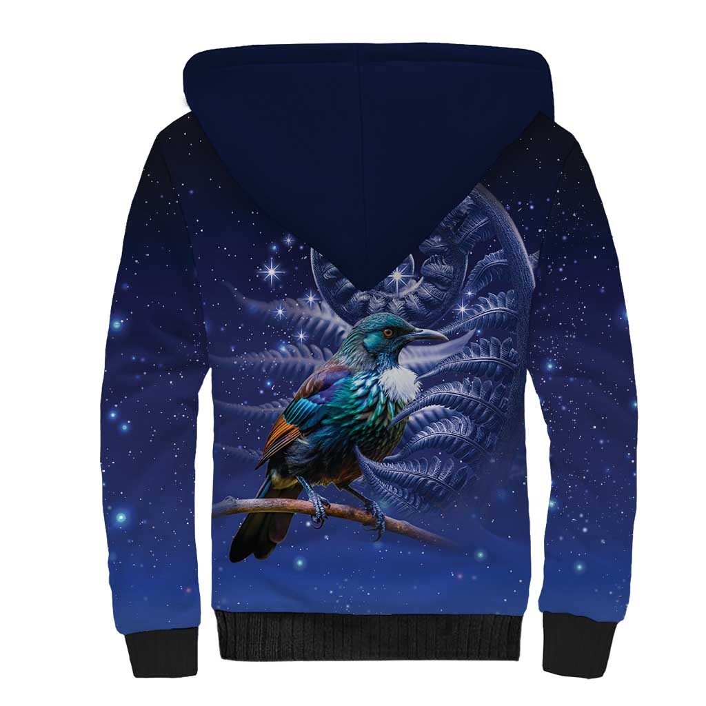 Tui Bird Matariki Galaxy Sherpa Hoodie Koru Silver Fern Aotearoa
