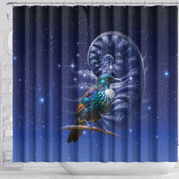 Tui Bird Matariki Galaxy Shower Curtain Koru Silver Fern Aotearoa