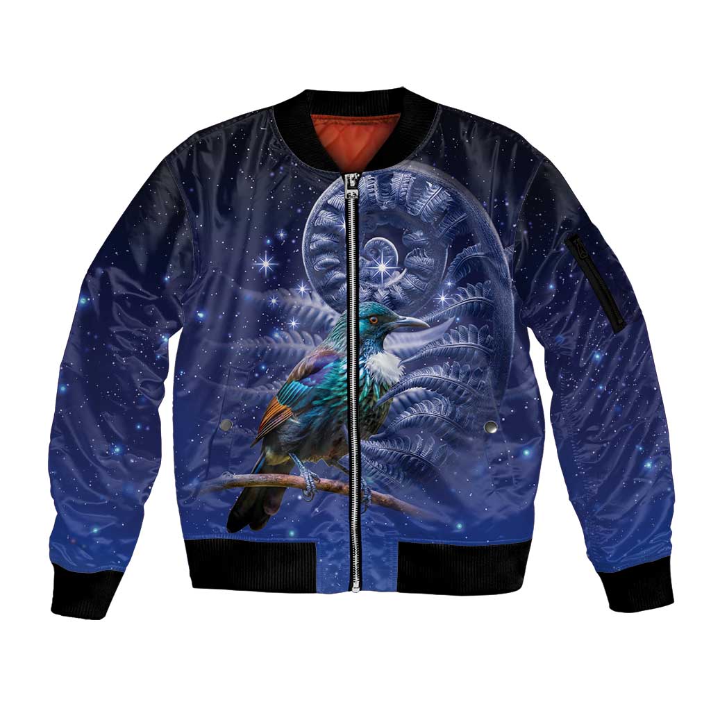 Tui Bird Matariki Galaxy Sleeve Zip Bomber Jacket Koru Silver Fern Aotearoa