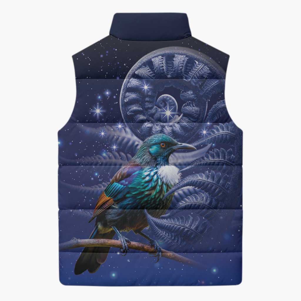 Tui Bird Matariki Galaxy Sleeveless Puffer Jacket Koru Silver Fern Aotearoa
