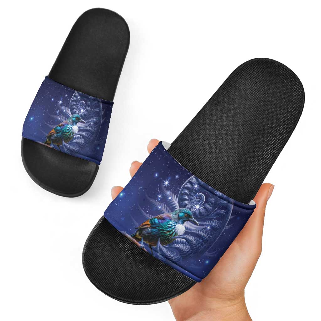Tui Bird Matariki Galaxy Slide Sandals Koru Silver Fern Aotearoa
