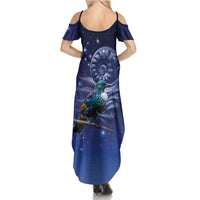 Tui Bird Matariki Galaxy Summer Maxi Dress Koru Silver Fern Aotearoa