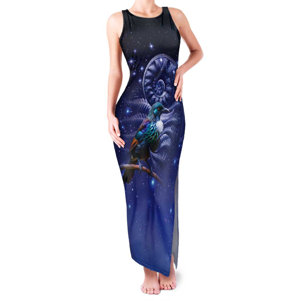 Tui Bird Matariki Galaxy Tank Maxi Dress Koru Silver Fern Aotearoa