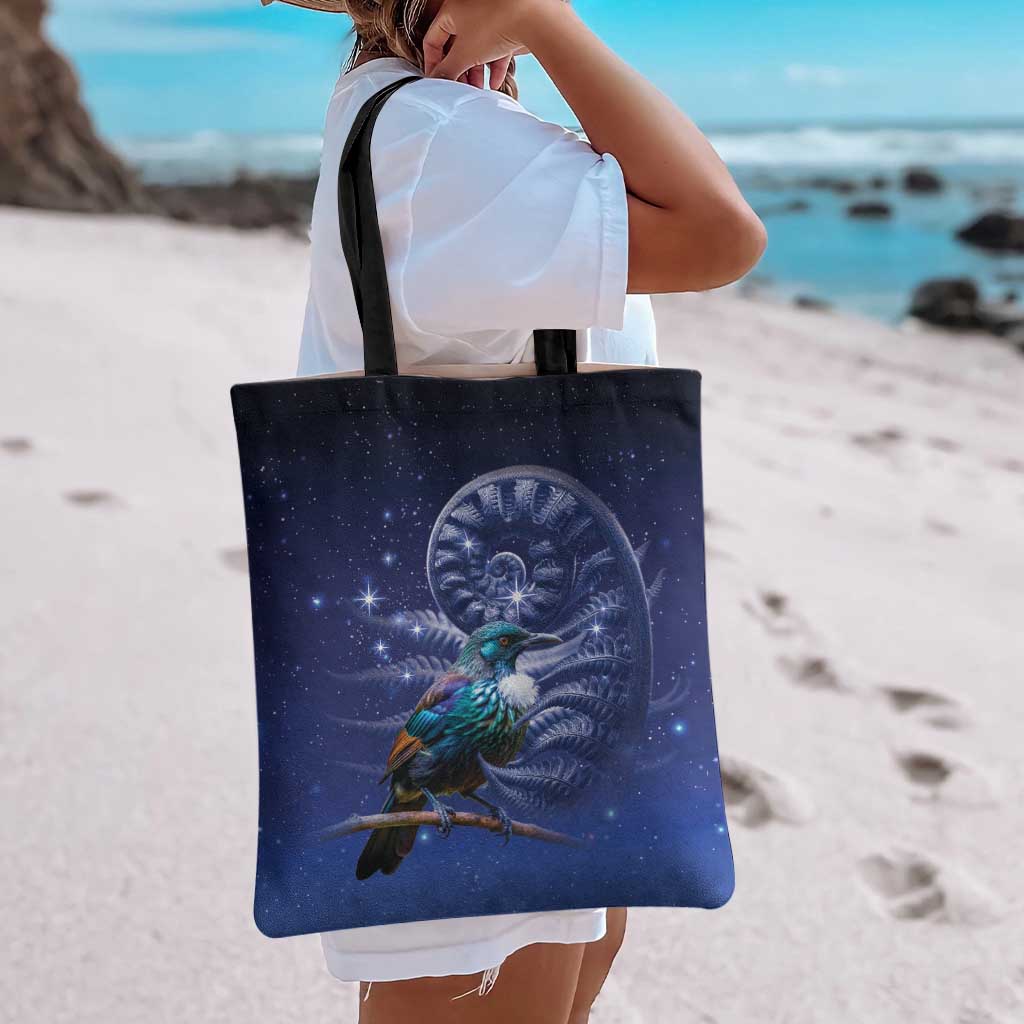 Tui Bird Matariki Galaxy Tote Bag Koru Silver Fern Aotearoa