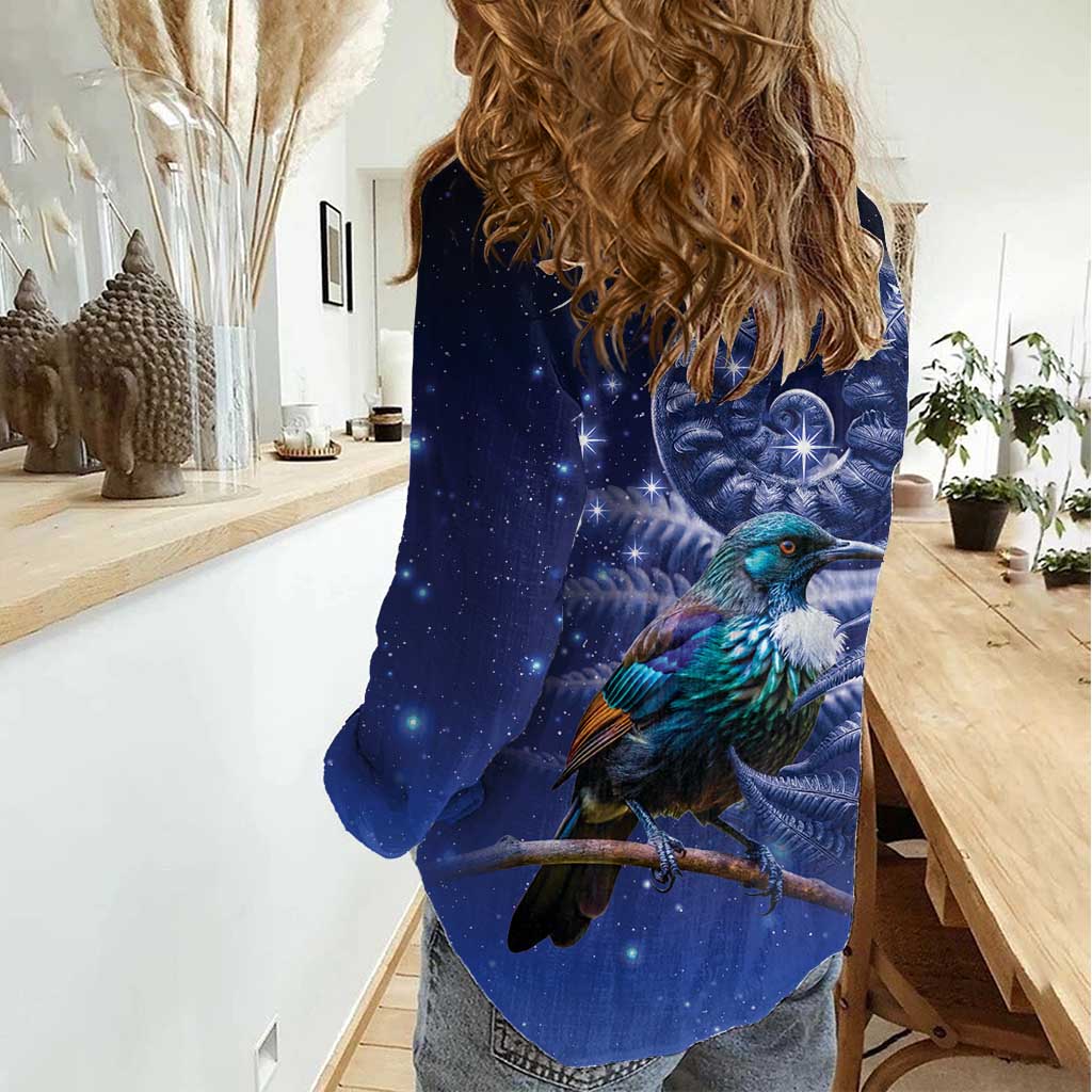 Tui Bird Matariki Galaxy Women Casual Shirt Koru Silver Fern Aotearoa
