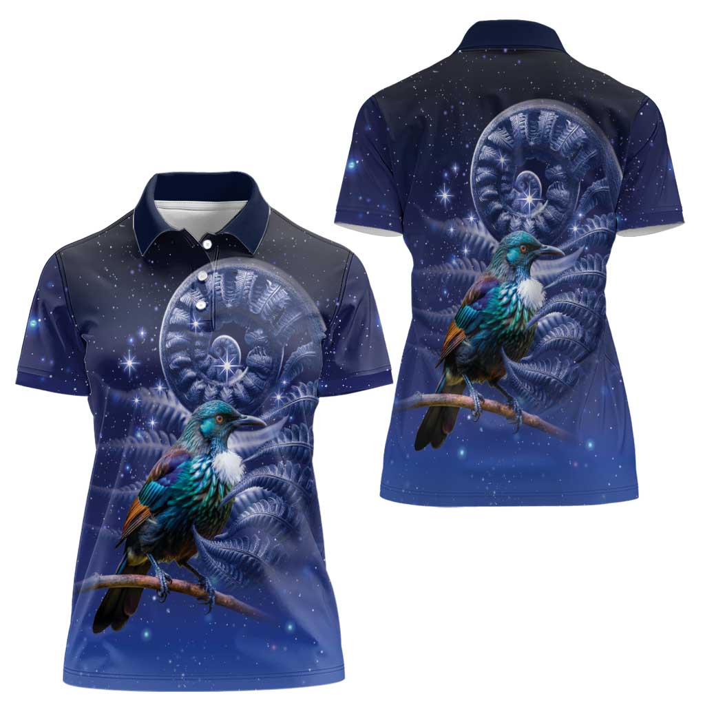 Tui Bird Matariki Galaxy Women Polo Shirt Koru Silver Fern Aotearoa